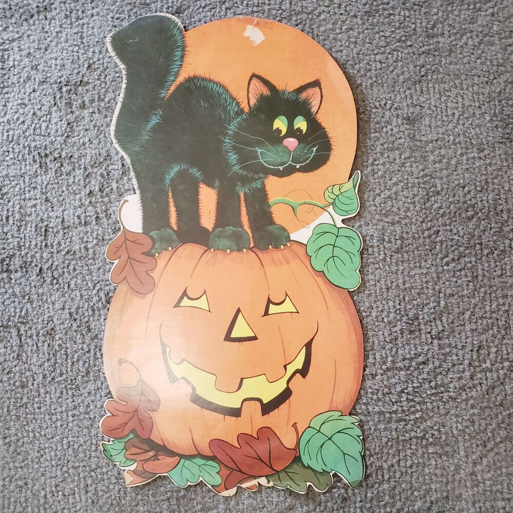 Vtg Eureka Halloween Black Cat On Jack-O-Lantern Die Cut Double Sided Halloween